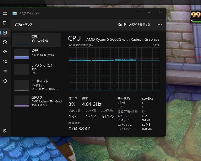 Ryzen5600Gの内蔵グラフィックでゲームしてますがゲームが軽いので使用率低いですね使用コアも少ないです。