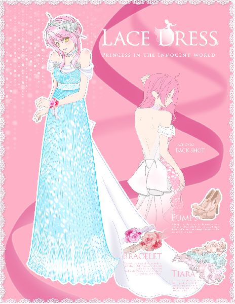 ロングドレスがあまりないので、レースドレスを( *´艸｀)<br />
Ａラインのドレスで、よく見たらキレイな背中のキャラ達なので、<br />
ざっくりお尻の上まで背中を見せつつ～<br />
リボン結びのロングトレーンでふんわり華やかにお姫様ヽ(*´∀｀)ノ <br />
ヘッドアバターはティアラです☆