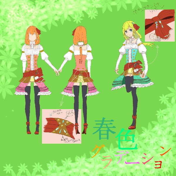 色々抜けてるので最後の上げ直し(´・ω・｀)何度もごめんなさい<br />
【アバター】春っぽく柔らかい感じのドレスがいいなーということで<br />
グラデーションをかけています。<br />
（幻蝶和装の袖の部分を見たときになにこれ可愛い！！と思ったので）<br />
少し大きめの腰のリボンがチャームポイントです<br />
スカートはキュロットになってます<br />
【頭アバター】<br />
ふんわりゆるっとまとめて大人っぽくしました。<br />
<br />
ちょっと暗いID内でもこの服を来て明るくなったらいいなー<br />
書ちゃんが本を片手にダンジョン走り回る姿を想像しながら描きました！