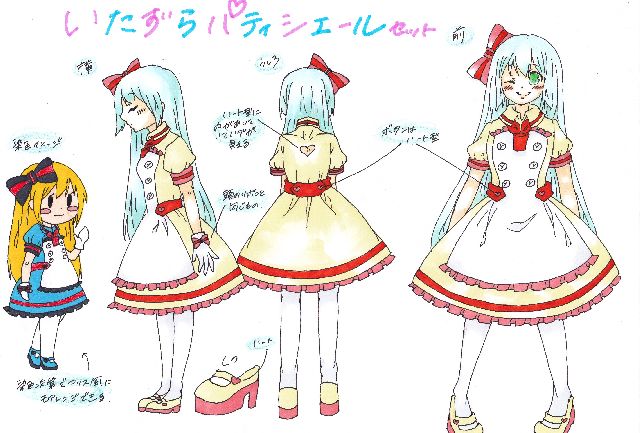 可愛いワンピースタイプのアバターが増えたら良いなと思い、このようなデザインを考えました＊。　　個人的にエプロン付きの衣装が好きなのでパティシエ風のアバターに仕上げました(*´ω｀*)<br />
<br />
こだわりポイントは、ボタンが全部ハート型になっているところと、背中に空いたハート型の穴です。<br />
特徴は、全体的にフリルを多めにし、女の子らしいシルエットのデザインに仕上がっている所です。<br />
<br />
デザイン画では、スカート丈が少し曖昧になってしまいましたがちょうど膝が隠れるくらいの丈をイメージしています。　また染色前のワンピースと靴の色もデザイン画をスキャンした所、分かりにくくなってしまいましたが薄いイエローをイメージしています。<br />
染色次第でアリス風やナース風にもでき、１つのデザインで何度も楽しめるアバターです。