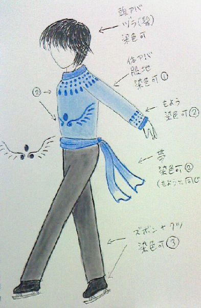 【特徴・こだわり】<br />
「それ普通の地面走りづらいだろｗ」っていうツッコミ想定内のスケート靴。<br />
出来ればこのアバ着て走るとスケートするような動作になってほしい（開発への無茶振りで落とされそう…）<br />
大雪嶺辺りなら違和感は無い（筈）。<br />
シャツの襟元と袖口には水滴ぽい模様、胸よりやや下に翼のような模様。<br />
基本カラーは頭アバ（黒）・シャツの服地（水色）・シャツの模様と帯（青）・ズボン（黒）<br />
※着色が色鉛筆とパステルなのでズボンが灰色ぽいですが「黒」が基本カラーでｗ<br />
<br />
頭アバター／前髪とモミアゲ長めのショートヘア（髪色染色可）<br />
体アバター／染色①（服地）・染色②（模様・帯）・染色③（ズボン・靴）