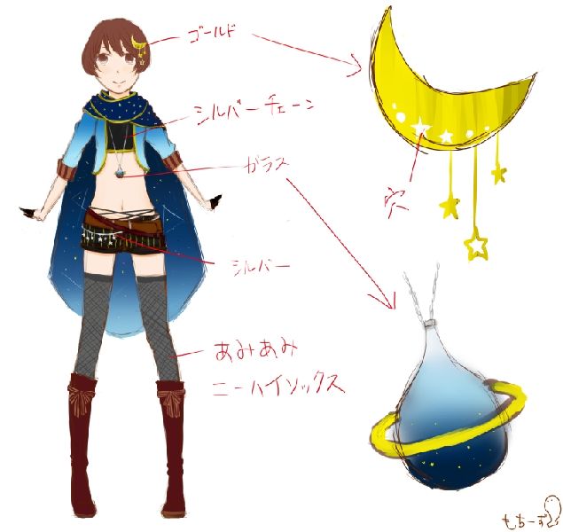 女性キャラのショートパンツが欲しいなと思って描きはじめた作品です。<br />
テーマは星空。<br />
<br />
 頭に月を持ってきました。<br />
髪型は関係なく、ただ描きやすいという理由でショートです。<br />
ですので、頭の装飾は月だけと考えてください。<br />
マントは夜空のイメージです。<br />
 表の生地には小さな★を散りばめ、裏の生地には本物の星空のように<br />
小さい点のような●をいくつも散りばめてあります。<br />
ネックレスは小惑星のイメージです。<br />
ベルトはわかりにくいですが2本あり、その下にあるシルバーにも<br />
★がぶら下がっています。<br />
<br />
とても雑で見にくくてすみません。<br />
 星空を身にまとっているようなイメージが伝わってくだされば嬉しいです。<br />
ありがとうございました。<br />
