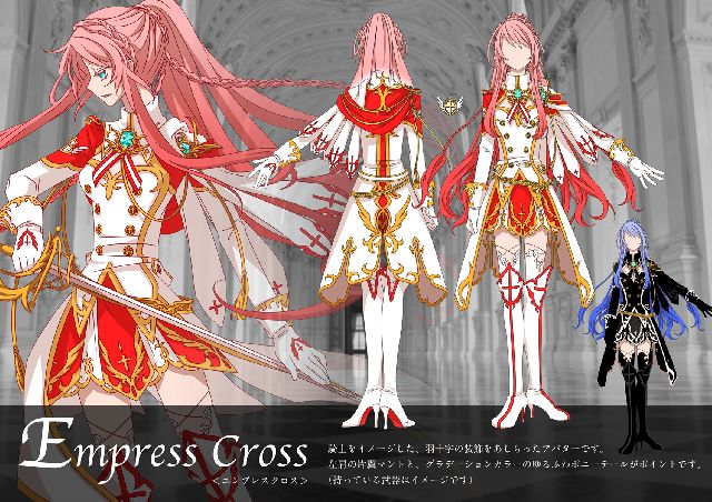 【エンプレスクロス】<br />
騎士をイメージした、羽十字の装飾をあしらったアバターです。<br />
左肩の片翼マントと、グラデーションカラーのゆるふわポニーテールがポイントです。<br />
（持っている武器はイメージです）<br />
<br />
<br />
＜ポイント＞<br />
・グラデーションカラーのゆるふわポニーテール<br />
・左肩の片翼マント<br />
・ピンヒールのニーハイブーツと、紐付ニーハイタイツ