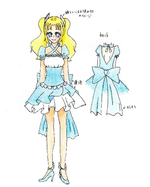 「Ailes d'ange」とはフランス語で天使の羽という意味です(違ったらごめんなさい)<br />
なのでふわふわとした天使をイメージして描きました！<br />
髪もスカートもとにかくボリューミーでふわふわに<br />
<br />
靴と髪にはお揃いで天使の羽がついています。<br />
既存の天使の羽とかを似合うように考えました<br />
<br />
色は<br />
トップス＆リボン→水色<br />
スカート上＆パンプス→トップスより濃い水色or青<br />
トップスの胸のとことスカート中→白<br />
髪→金<br />
ツインテール→金<br />
髪飾り→白<br />
髪は結んである部分は別で染色できるといいです<br />
<br />
緑枠の色は<br />
トップス＆リボン→薄いピンク<br />
スカート上＆パンプス→薄黄色<br />
トップス胸＆スカート中→白<br />
髪→薄いピンク<br />
ツインテール→薄いピンク<br />
髪飾り→白<br />
なイメージです。<br />
<br />
ポイントは後ろの大きなリボンです<br />
キラキラしてひらひらするときれいだと思います！