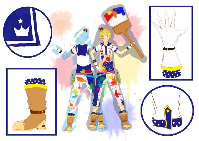 <br />
ちょっと似たようなコンセプト衣装があるのを<br />
描いてから見かけて白目なもちーずです。<br />
でもせっかく描いたから投稿しとｋ((<br />
塗り忘れ見つけたけどあんまわかんないしいいですよｎ((<br />
<br />
ペイントいいですよねペイント！やんちゃな感じが素敵じゃぁないですか！？<br />
<br />
色を染めるなら青い色の部分ですかね。<br />
<br />
セットでハケの武器とかあるとさらにかわいい、しかしかわいいだけである。<br />
ハケでどうやって戦うの？...私が一番知りたい。<br />
もういっそハケに乗って飛んどく？<br />
横に座っても微妙、上に立っても微妙、、、つらい。<br />
<br />
頭の王冠は某ひよこ様のとおそろい。<br />
腰には某サボテン野郎がぶら下がってます。<br />
<br />
結構わちゃわちゃした衣装になってしまいましたが<br />
よろしくお願いします。<br />
