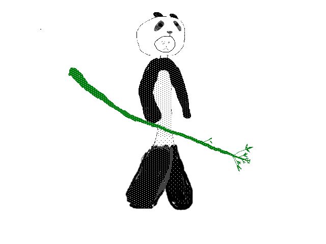 絵がヘタでほんとにすみませんっ<br />
全身着ぐるみのパンダをかぶって竹槍持った女性です