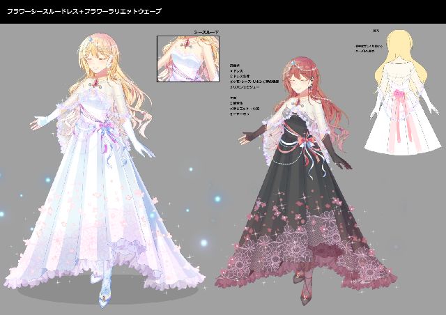 新しいロングドレスが欲しかったので…<br />
<br />
上部は軽い印象に、下部は装飾で華やかになるよう意識しました。<br />
グローブが左右で形が違います。背面はケープが少し長くなっています。<br />
<br />
頭アバターは既存アバターとも相性が良いようなものが欲しかったので<br />
あまり癖のないウェーブヘアーにしました。毛先にかけて白っぽく色が抜けます。<br />
<br />
よろしくお願いします！