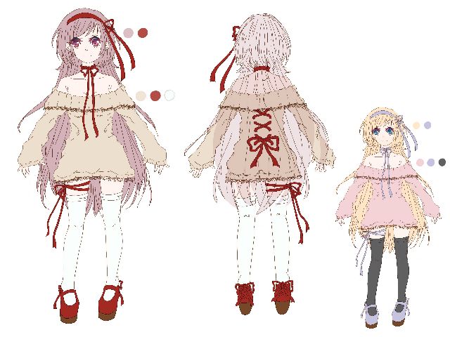 女の子らしい、オフショルダーのニットワンピースを考えてみました。<br />
シンプルなデザインではありますが首元や太もも、背中にアクセントとしてリボンをつけ可愛らしさをプラスしました。<br />
また短めのスカート丈や、少し長めの袖などワンピースのシルエットにもこだわりました。<br />
<br />
☆染色可能な所<br />
・頭アバター(カチューシャリボン・髪色　計2ヶ所)<br />
・衣装(ニットワンピース・首元リボン＋太ももリボン＋靴・靴下　計3ヶ所)<br />
　　　　※襟と裾についているレース・靴のソールは共に茶色で染色不可。